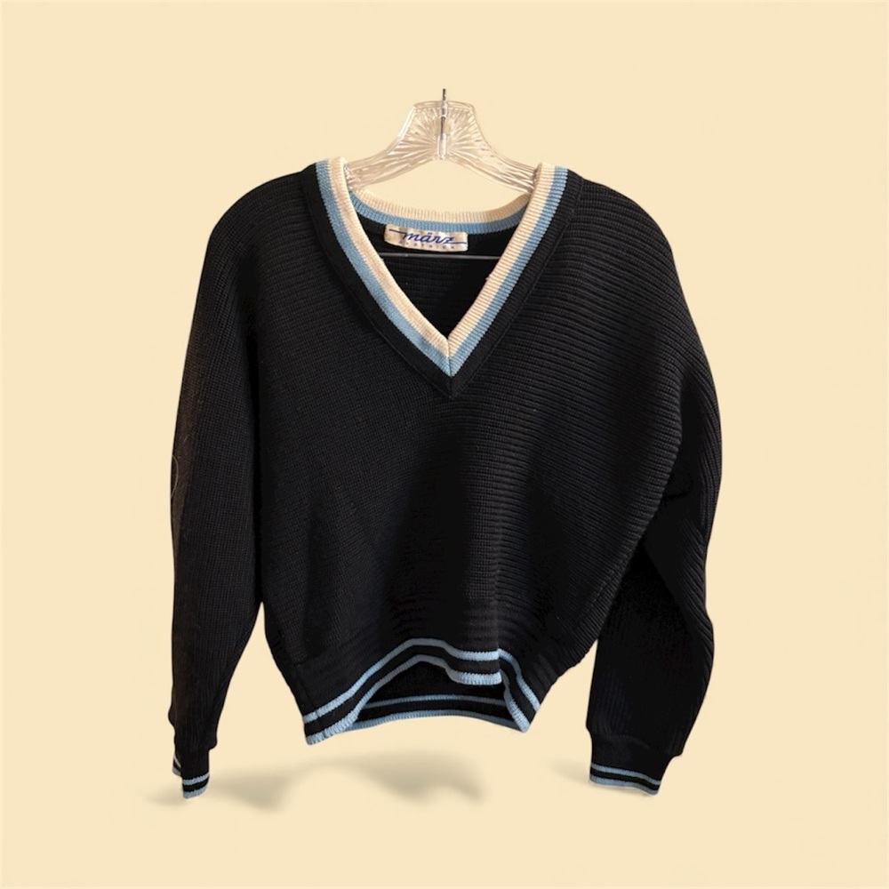 Black V-Neck Sweater Blue White Trim Vintage 60s 70s Orlon German Marz Gezrick